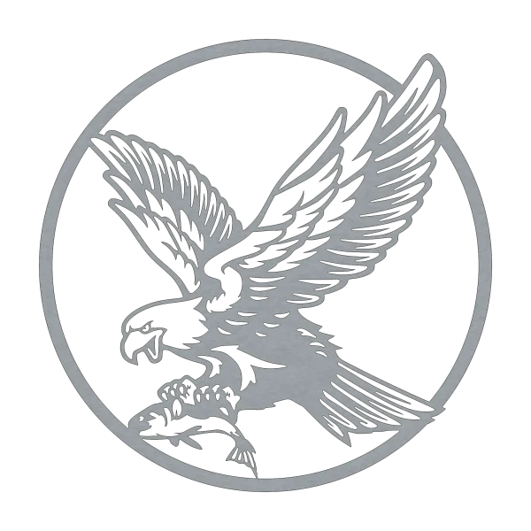 Round steel art of an eagle in flight with a fish in its talons, set against a circular frame on a black background.